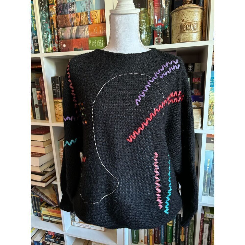 Lillie Rubin Black Sweater with Purple, Pink, Teal Stitching